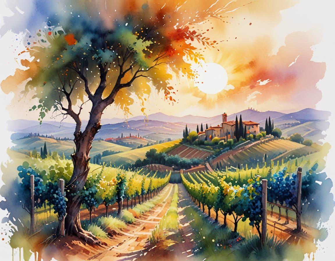 Tuscan Vineyard in Neo-Impressionist Style