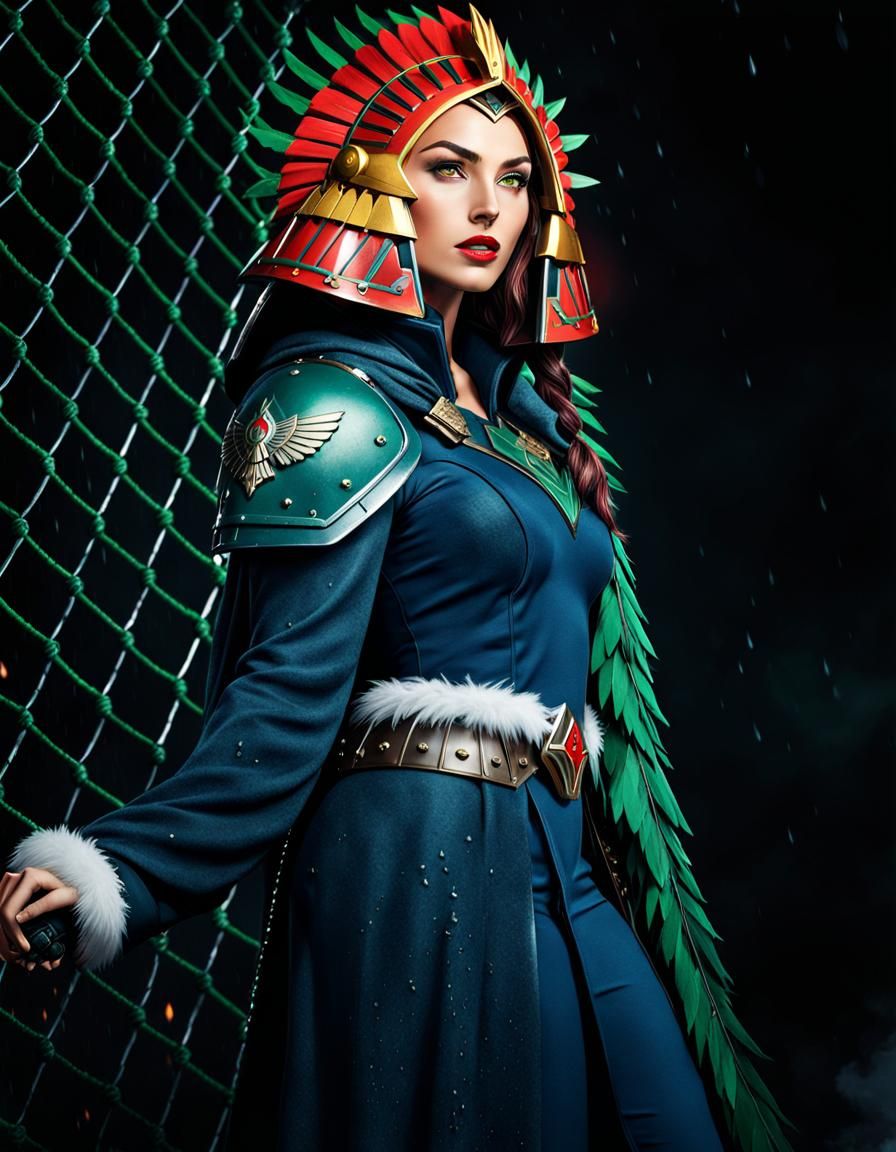 Female Space Marine with Aztec Headdress in Ukiyo-e Style