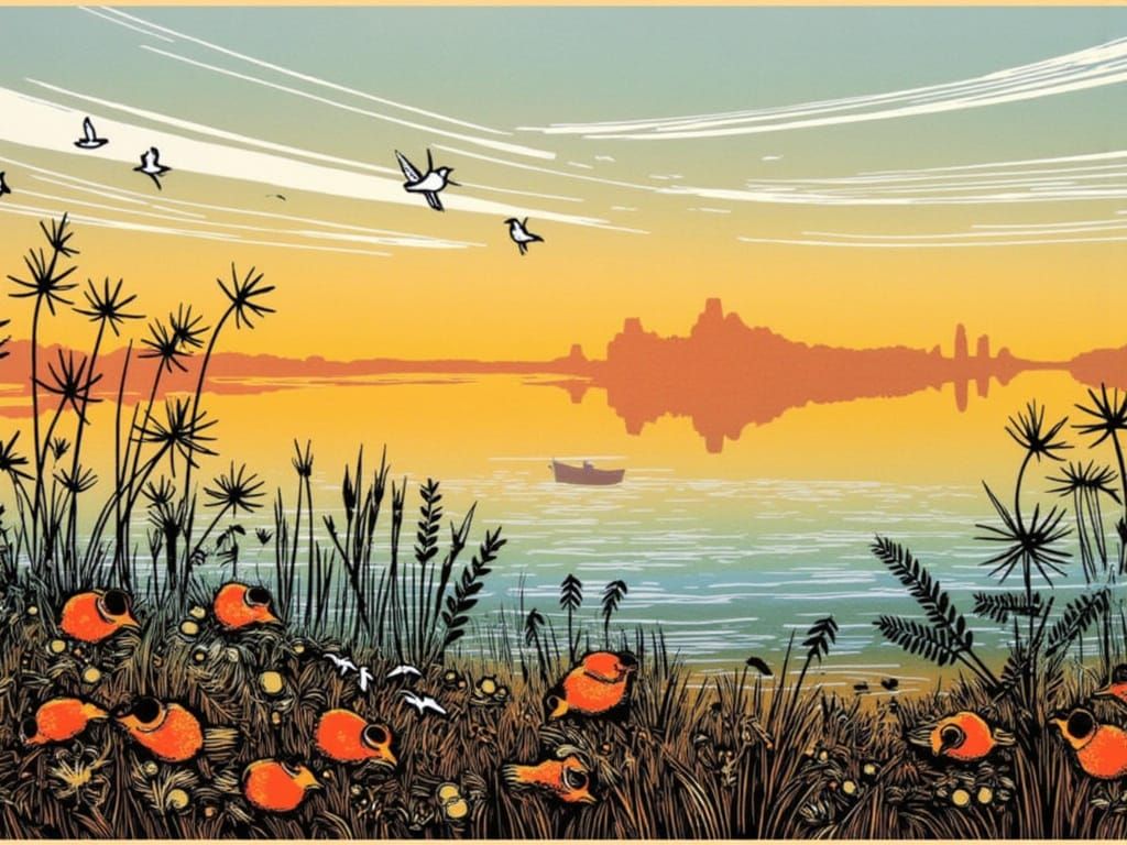 Whimsical Woodcut Scene Under Starry Night Sky