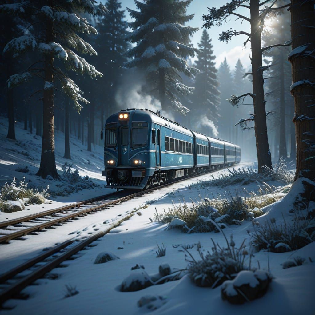 Winter Train Journey Through Snowy Meadows and Forests