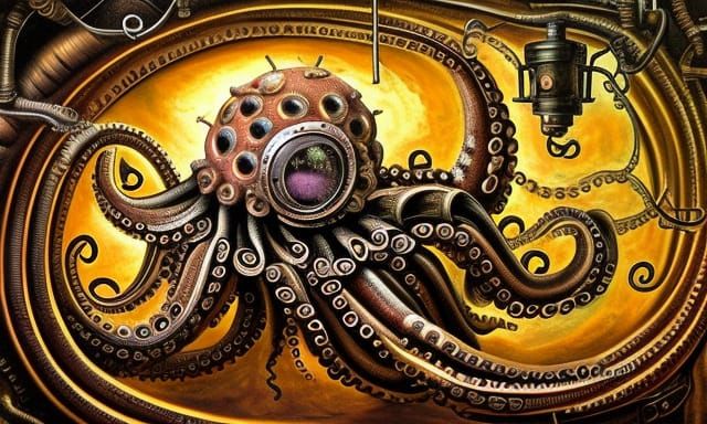 Steampunk Octopus in Surreal Industrial Bed