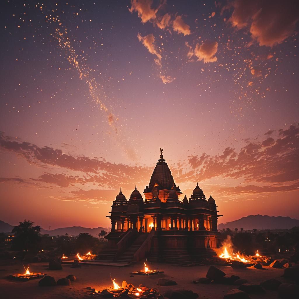 Sunset Silhouette of Indian Temple with Magic Lights