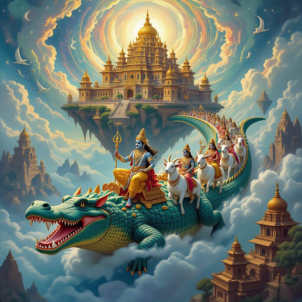 Varuna Rides Crocodile Through Galactic Dreamscape