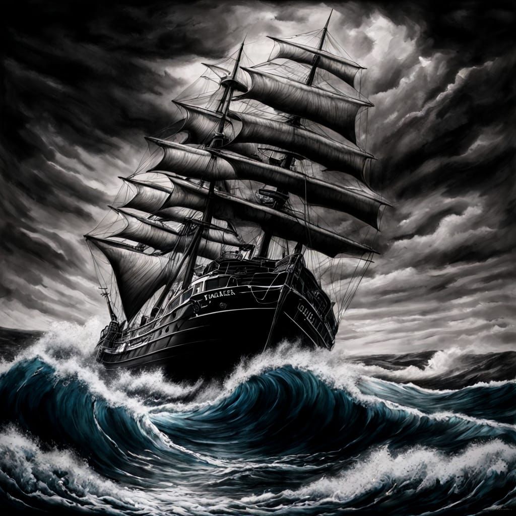 Stormy Seas Charcoal Drawing with Selective Color