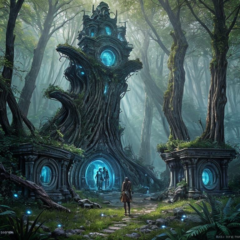 Elven Ranger at Ancient Ruins with Shimmering Portal