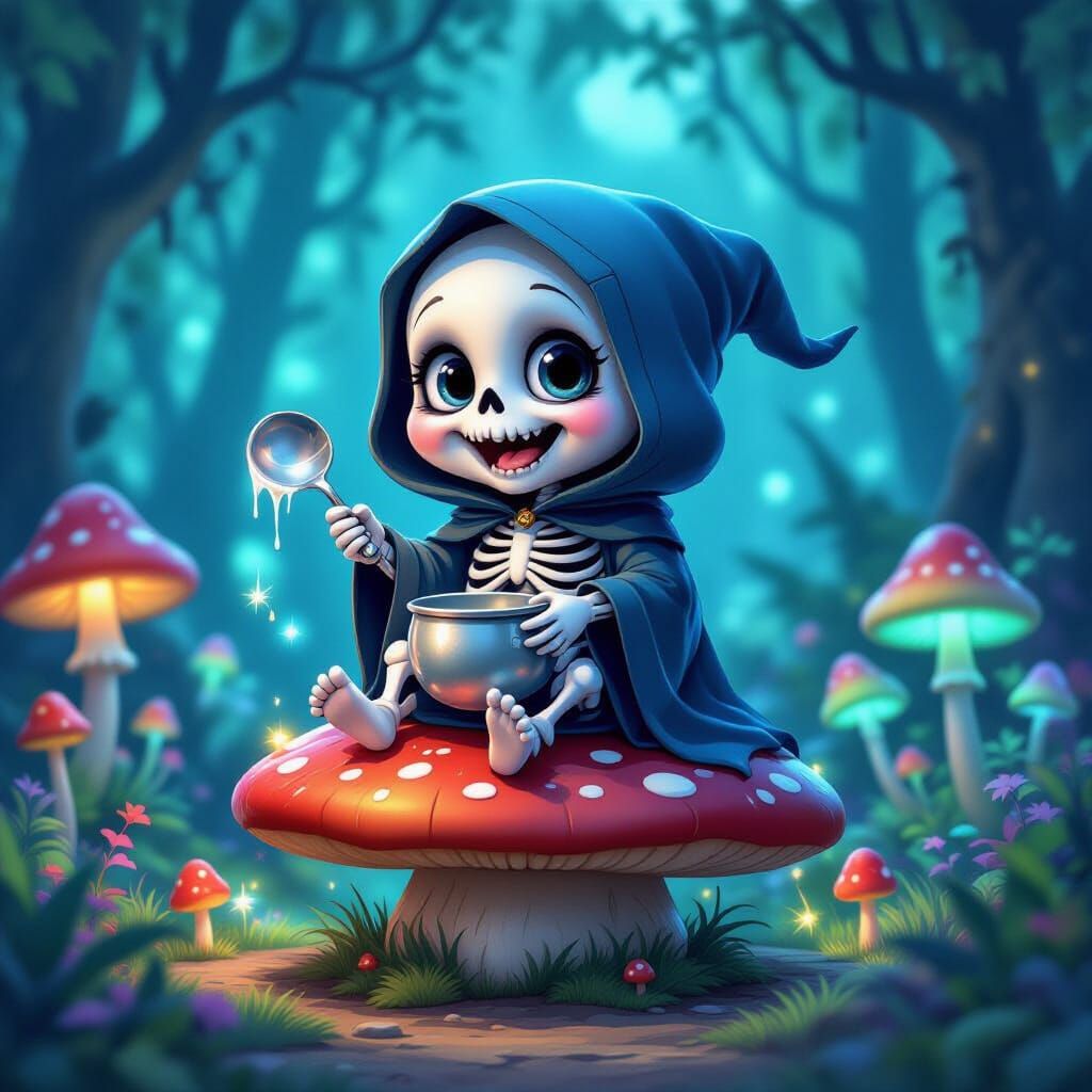 Cute Grim Reaper in Bioluminescent Forest