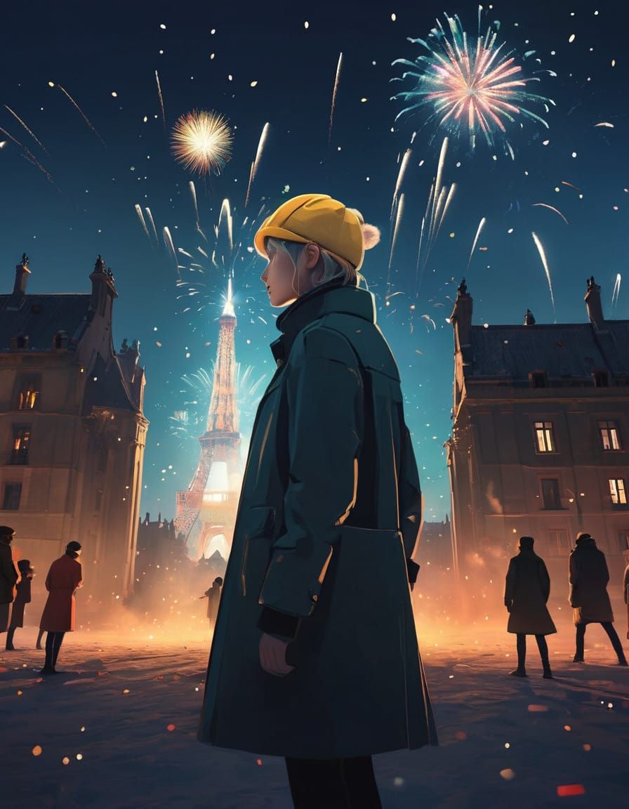 Vibrant New Year's Eve Celebration in a Futuristic Art Style