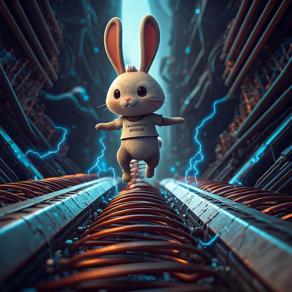 Cartoon Bunny Bouncing on Electric Springs, Anime Style