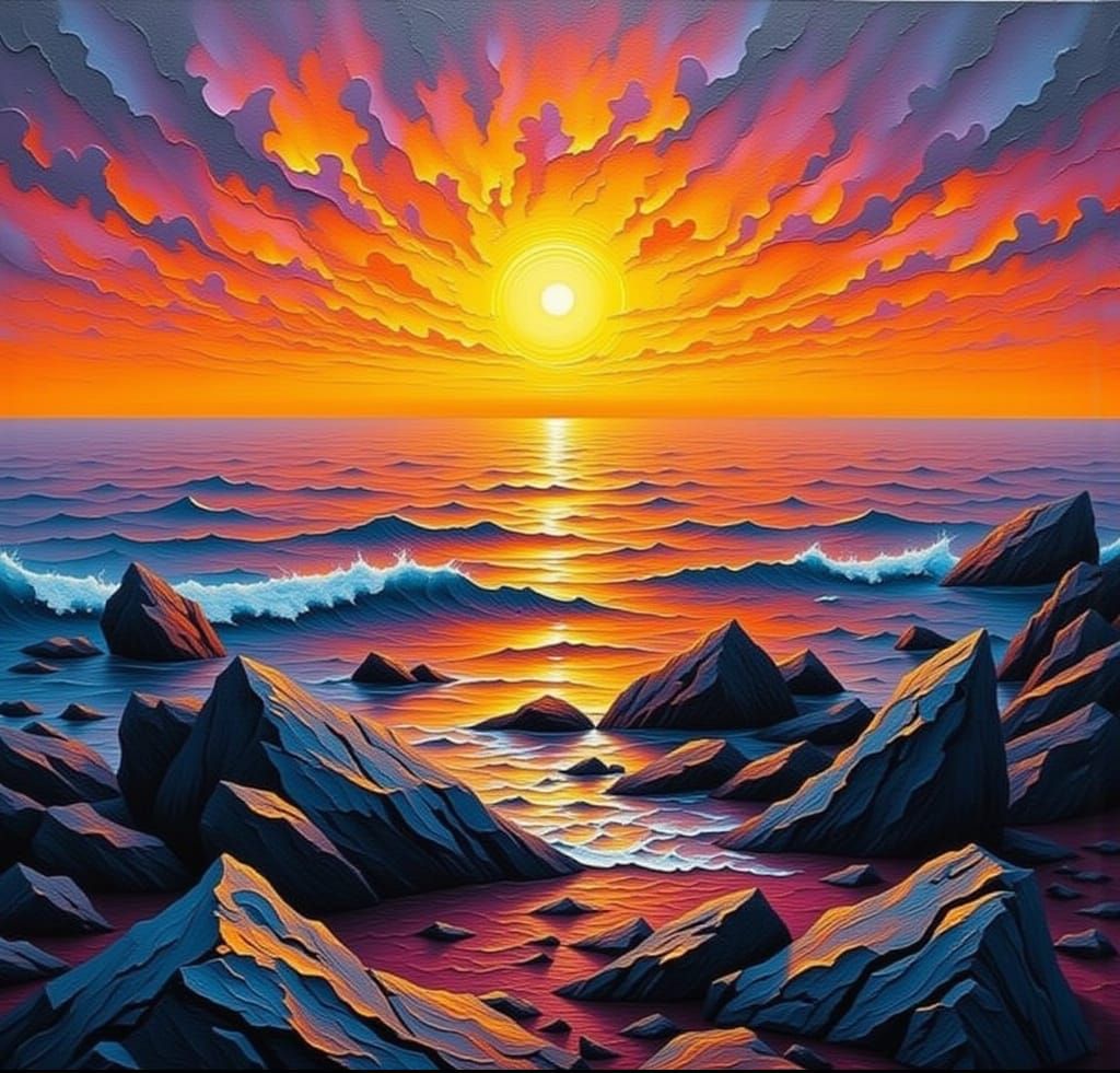 Impasto Sunset Seascape with Rocky Coastline