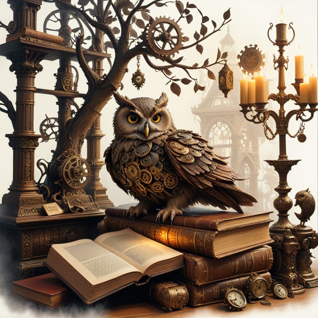 Steampunk Owl Amidst Antique Tomes