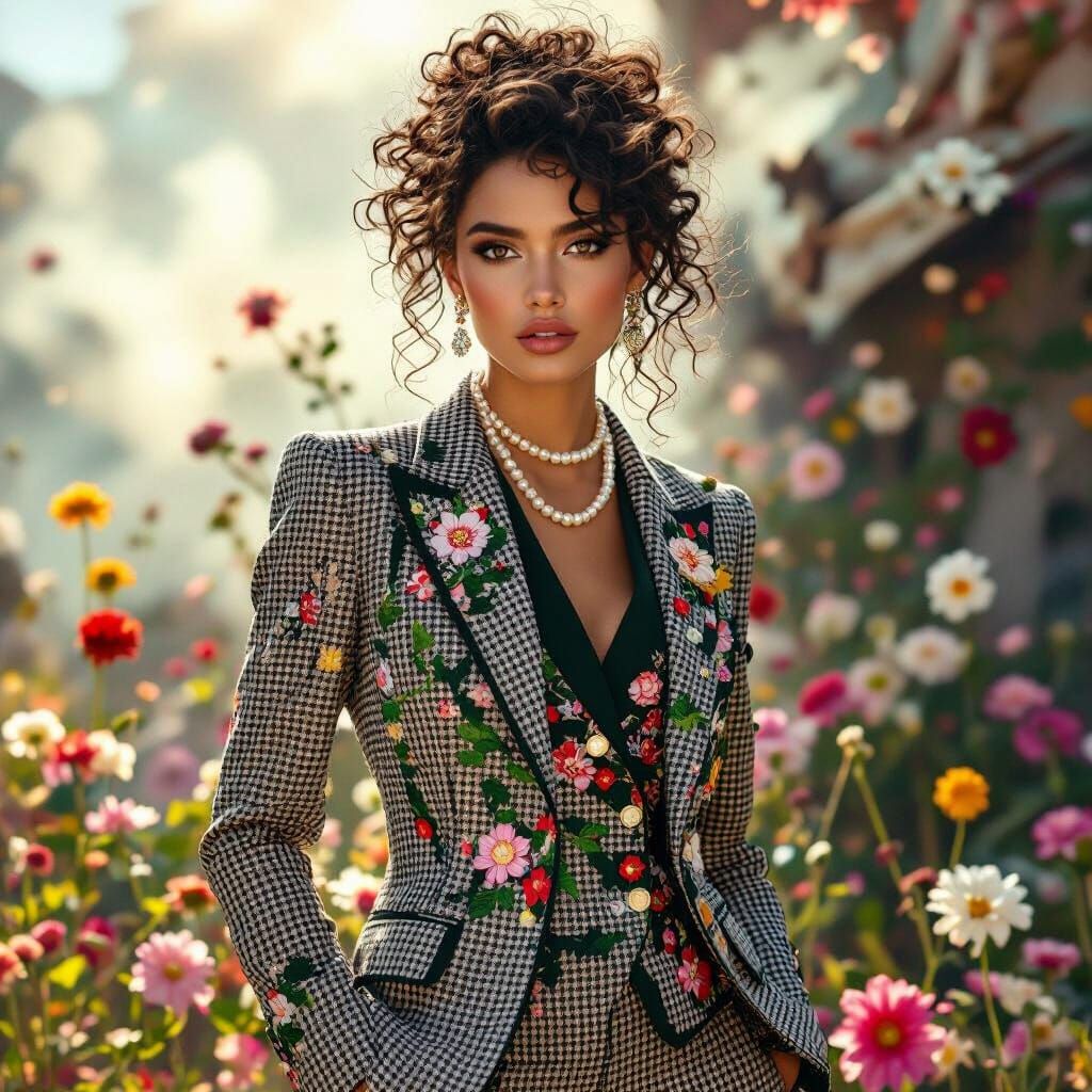 Model in Floral Blast Zone, Oil Realism Style