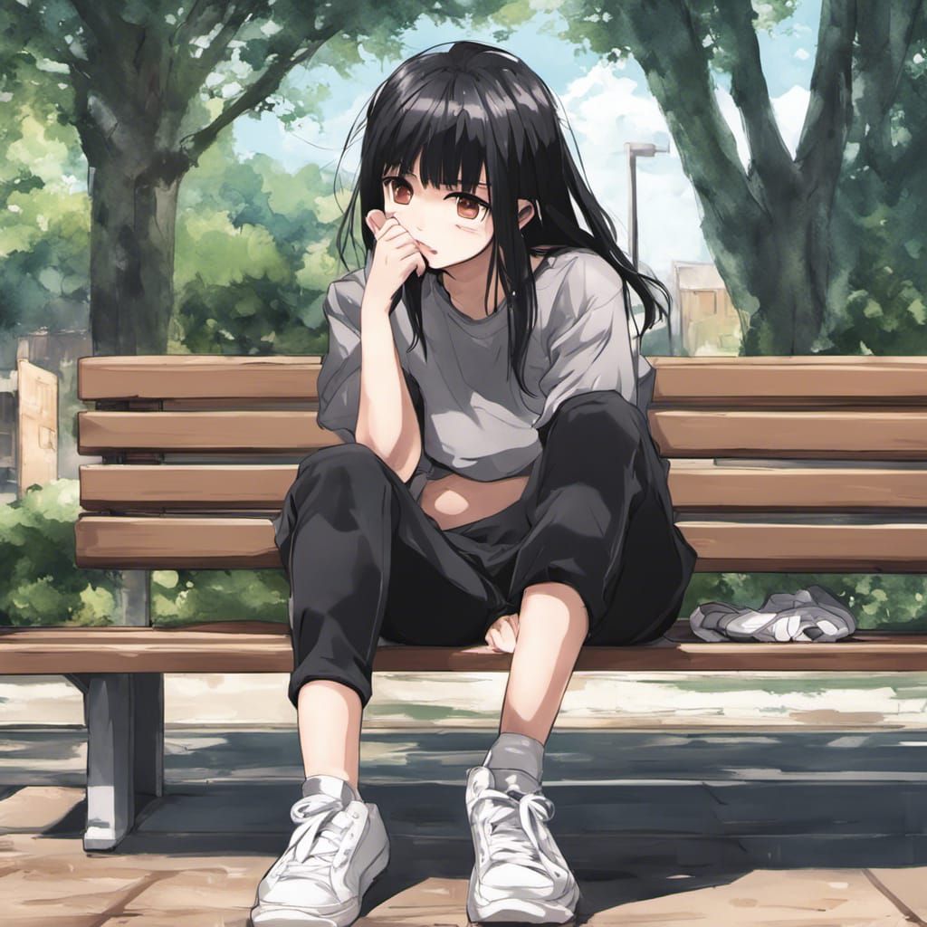Anime Girl on Bench in Manga Style