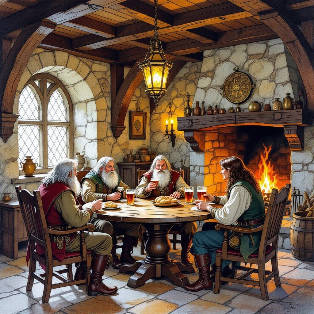 Cozy Tavern Scene of Adventurers Sharing Ale