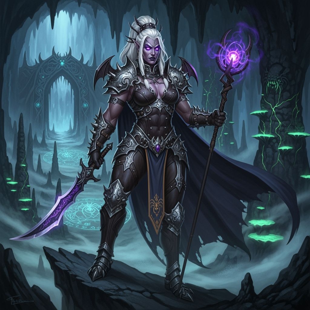 Muscular Drow Matriarch in Eerie Underworld