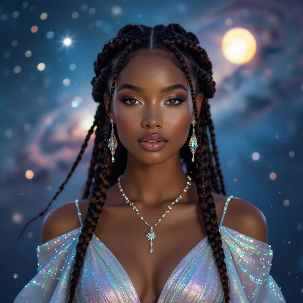 African American Woman with Starlight Braids in Cosmic Nebul...