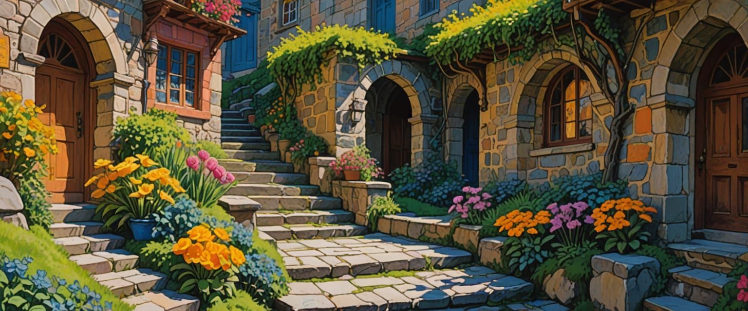 Whimsical Village with Stone Steps in Comic Book Style