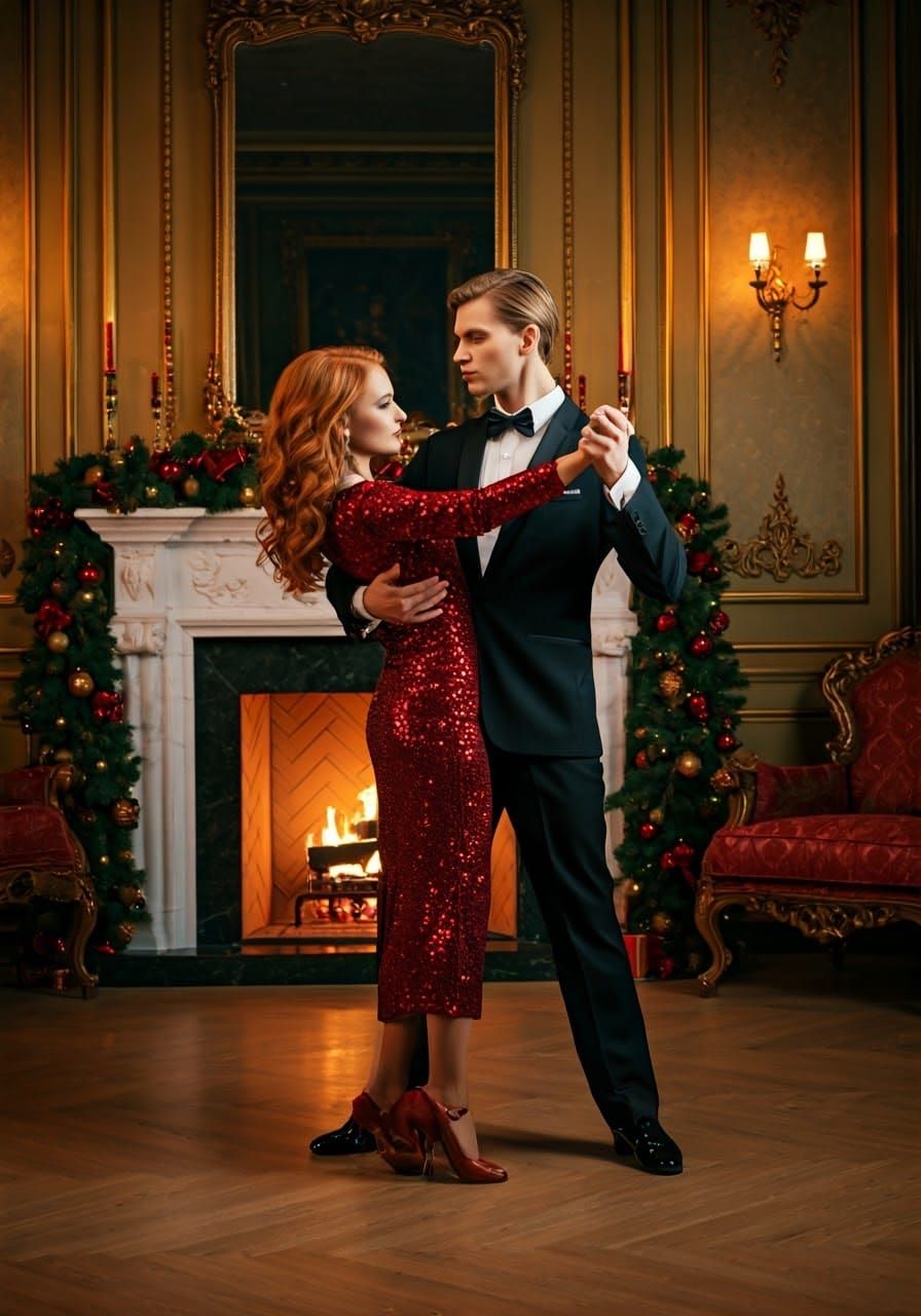 Dramatic Tango Couple by the Christmas Fireplace