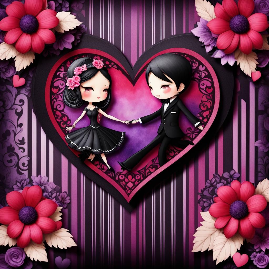 Romantic Chibi Couple Dancing in Surrealist Watercolor Style