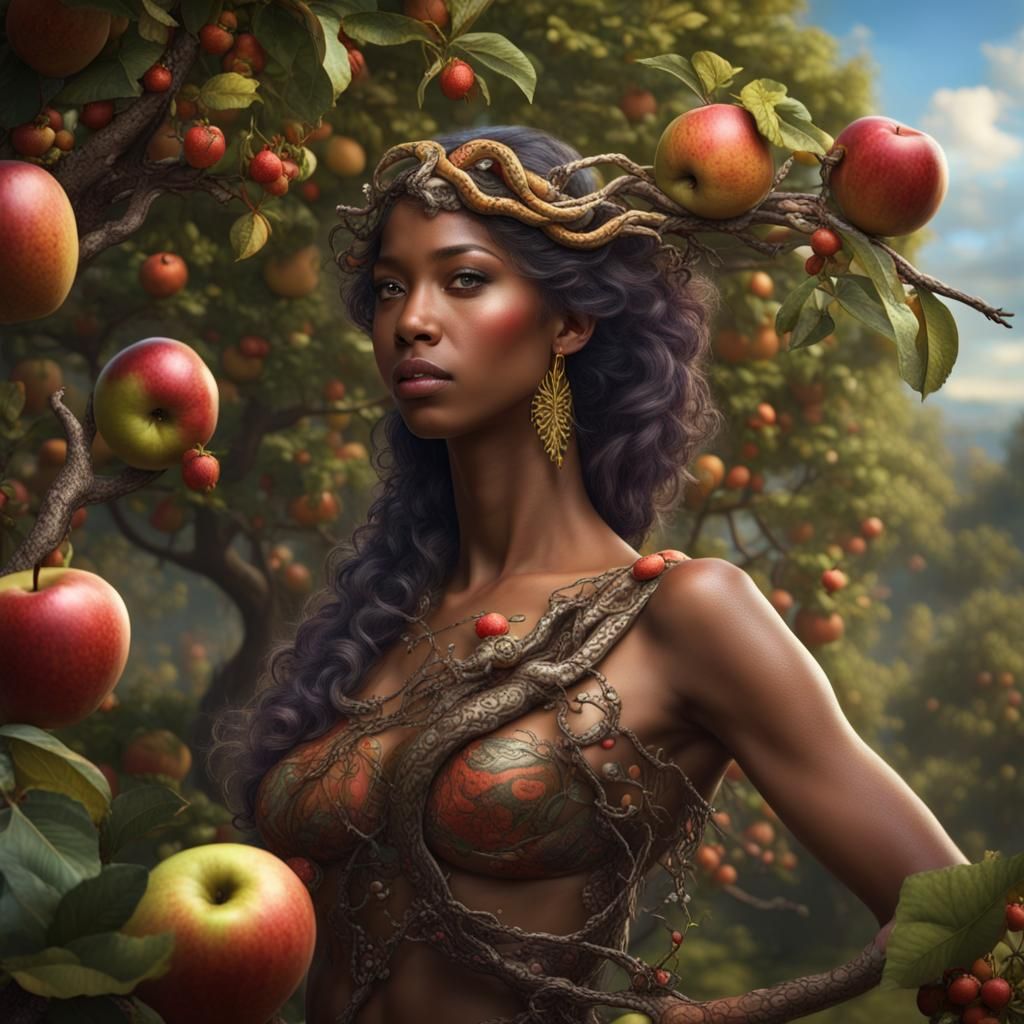 Biblical Eve in Paradise with Serpent and Apple