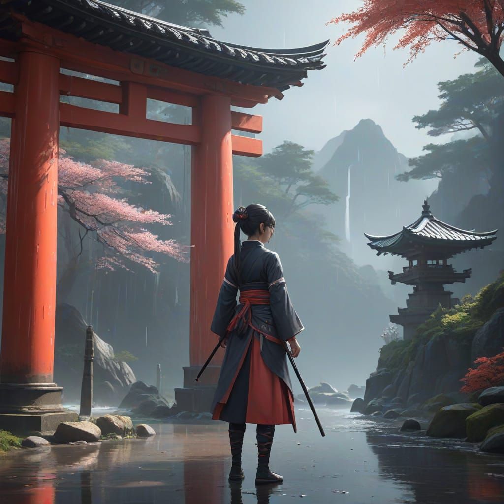 Kunoichi in Rain Under Torii Gate, Moonlight Blade