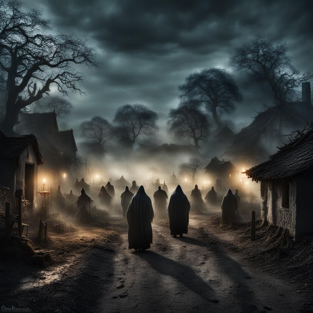 Eerie Village of Vaporous Apparitions at Night