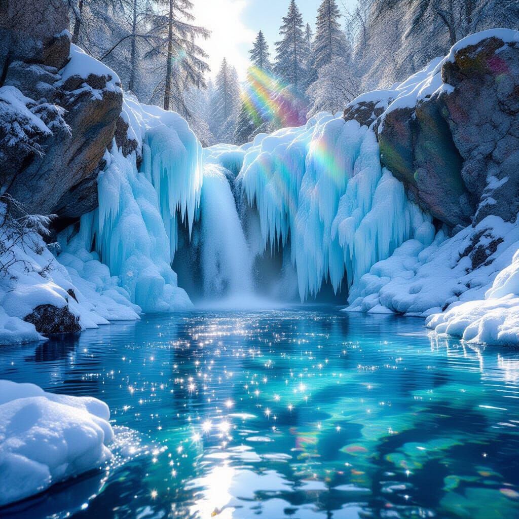 Glass Waterfall with Rainbow Reflections in Sunlight