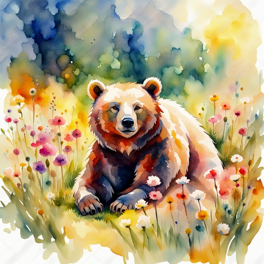 Abstract Watercolor Bear in Sunny Flower Meadow