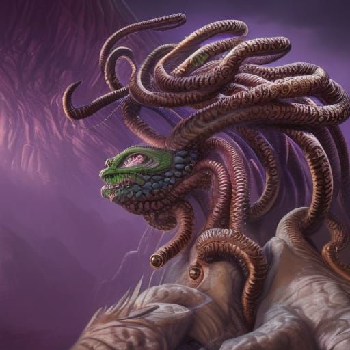 Detailed Matte Painting of Medusa with Bulging Eyes