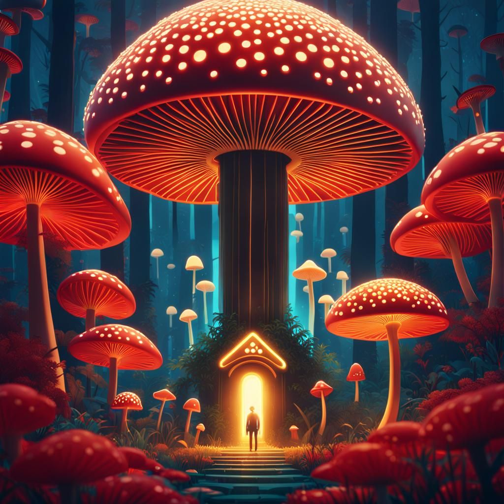Golden Key in a Surreal Mushroom Forest