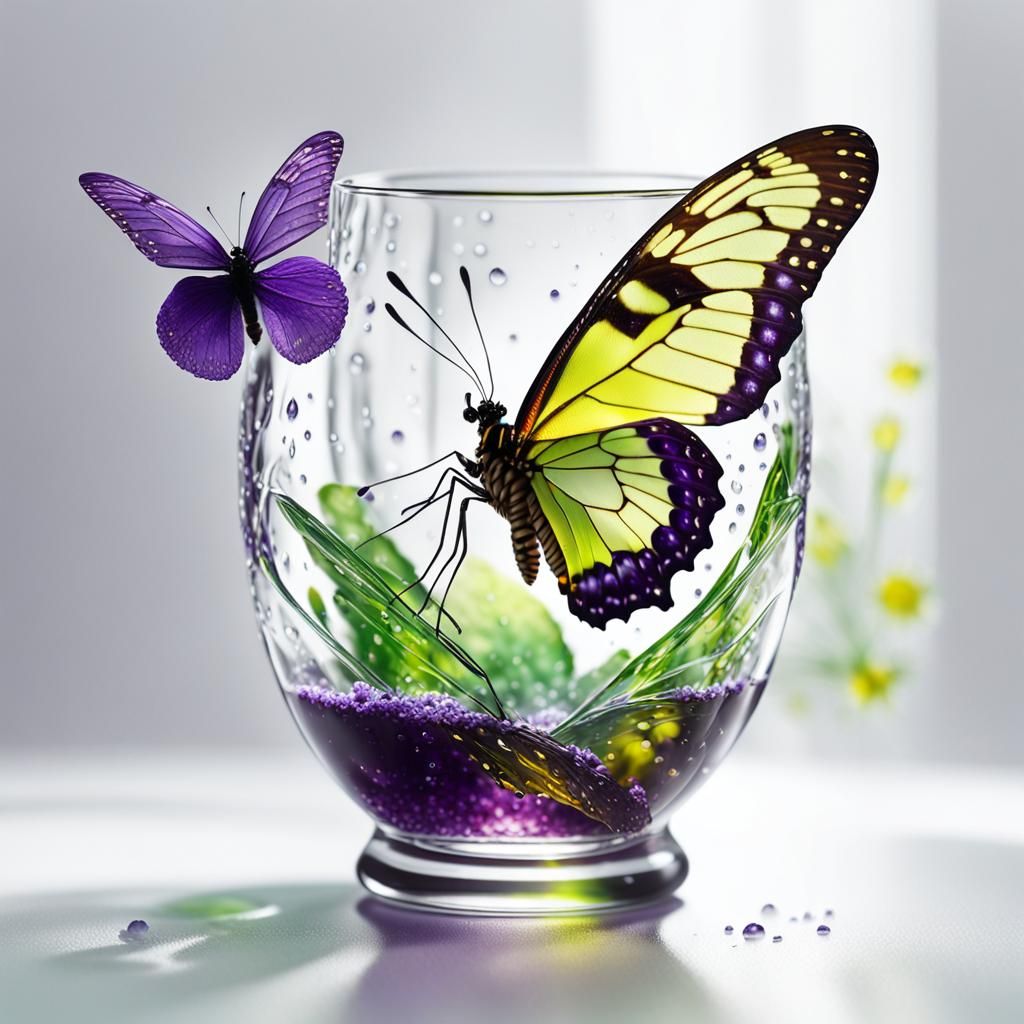 Glass Violet and Butterfly Macro Photograph