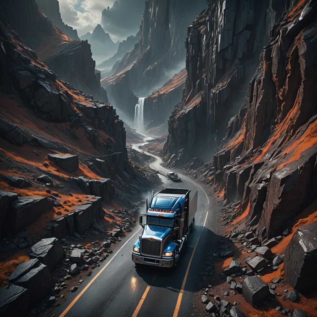 Semi Truck Driving into Abyss: Detailed Matte Painting