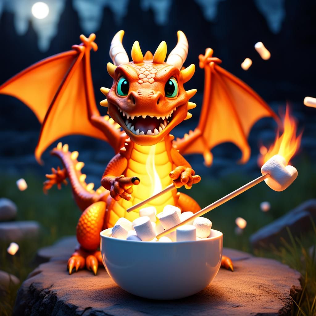 Cute Dragon Roasting Marshmallows, Pixar Style