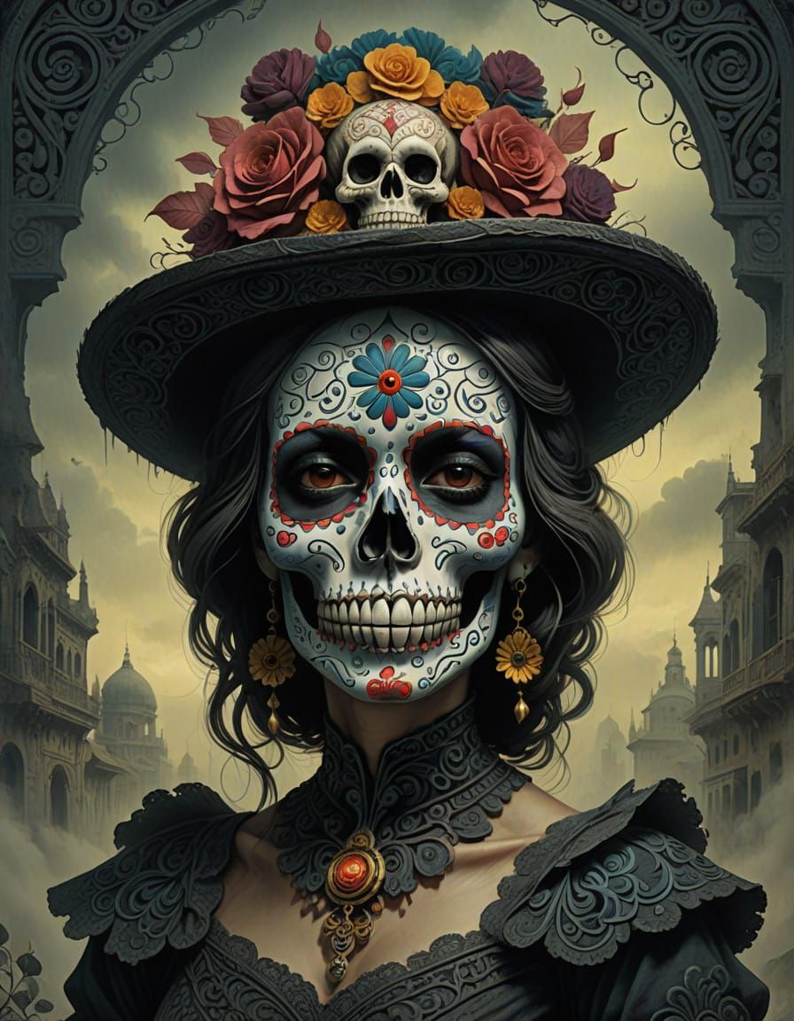Vibrant Female Sugar Skull with Top Hat in El Dia de los Mue...