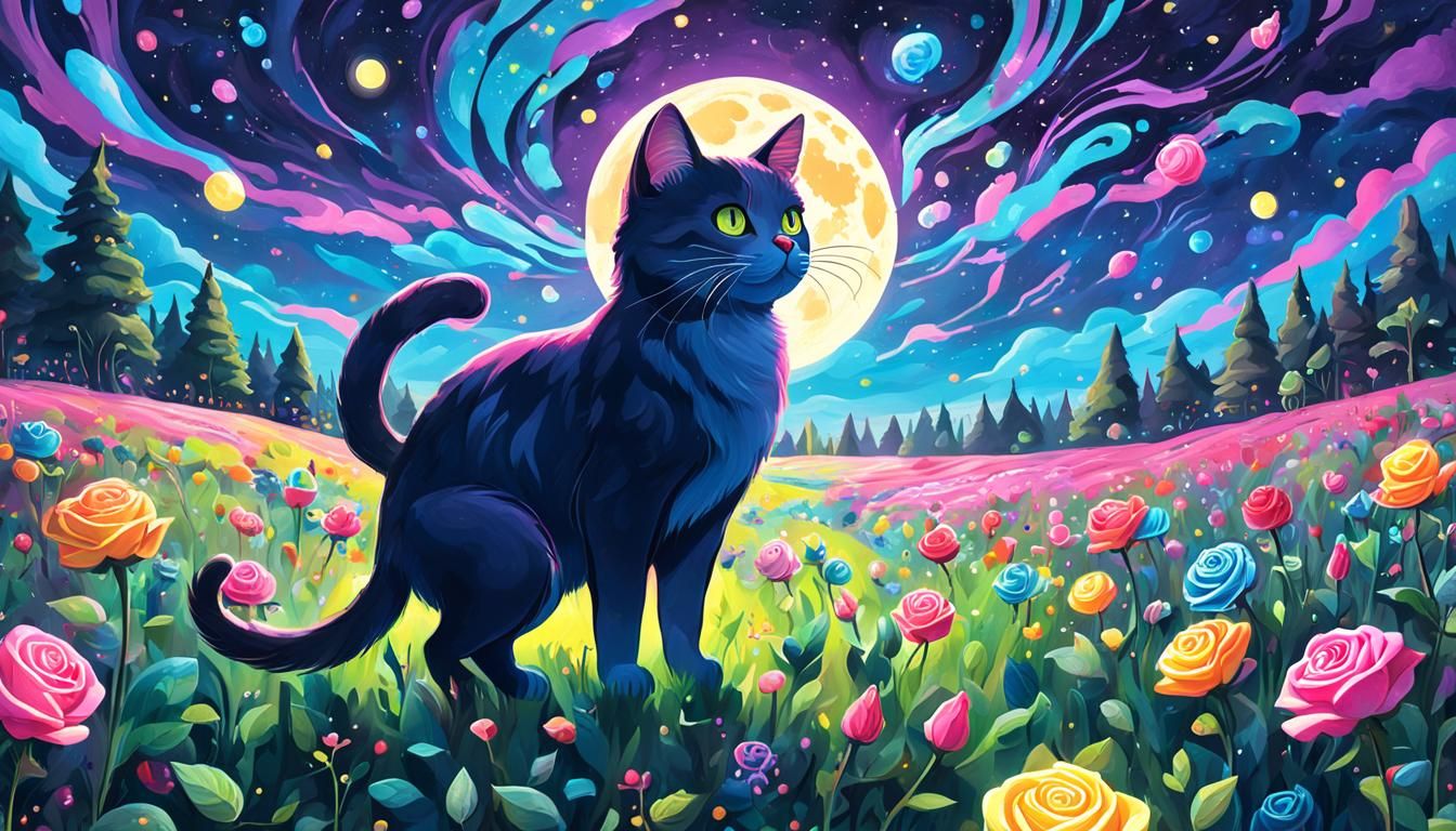 Starry Rose Fields with Cat in Gouache Style