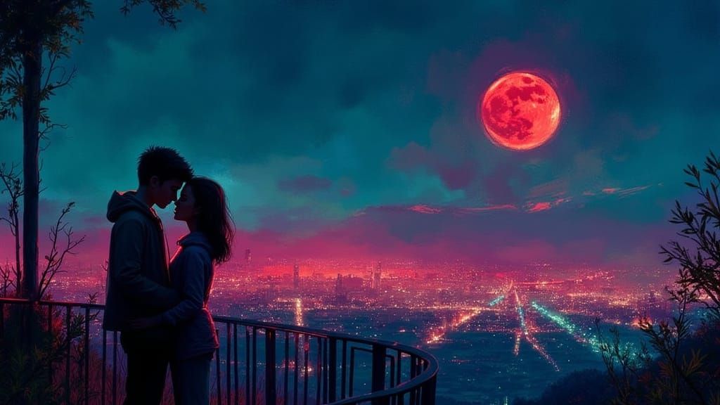 Romantic Goodbye: Couple on Balcony Under Crimson Lunar Ecli...