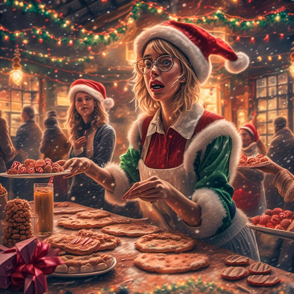 Nervous Supermodel Waitresses in Chaotic Christmas Scene