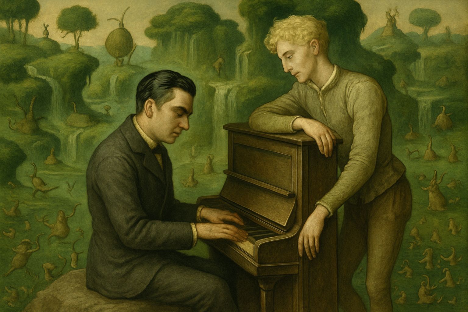 Surreal Dreamscape with Piano Player in Bosch Style