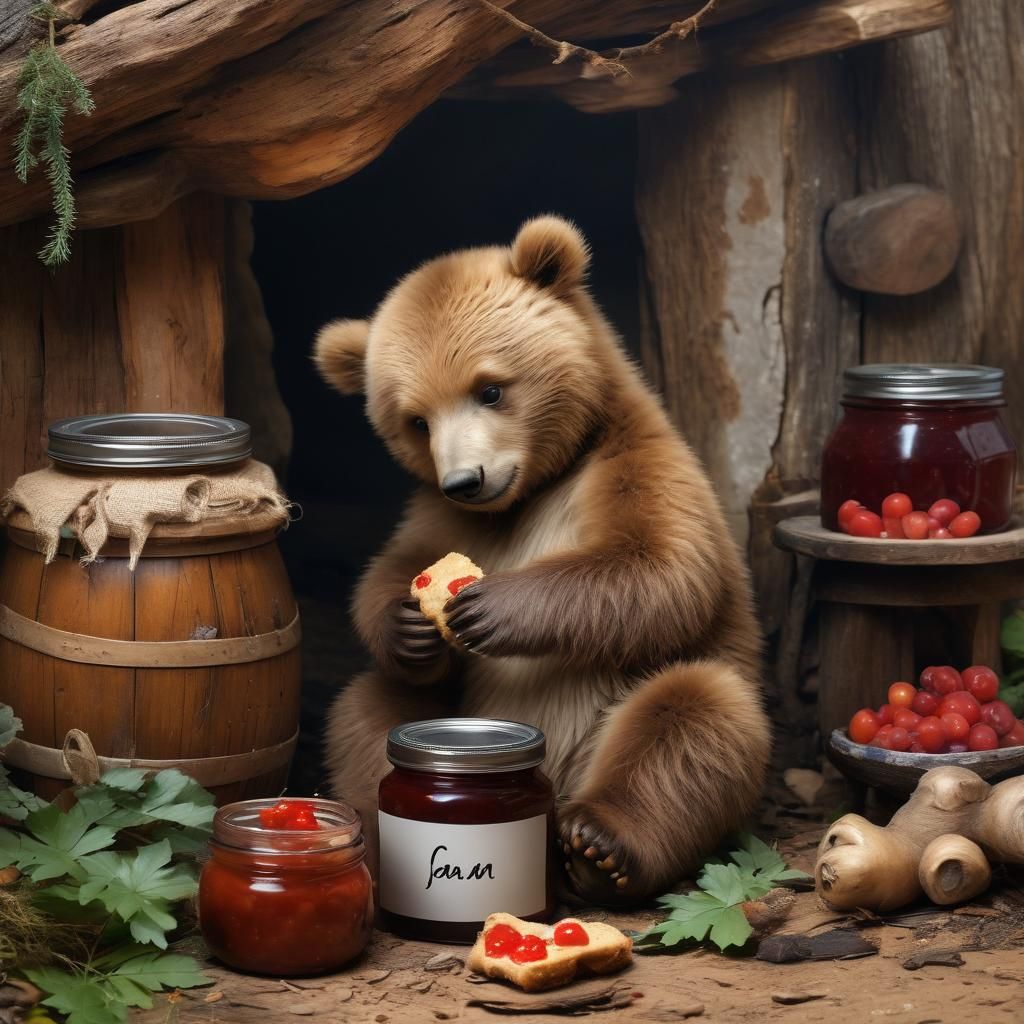 Brown Bear Cub Eating Jam in Cozy Den