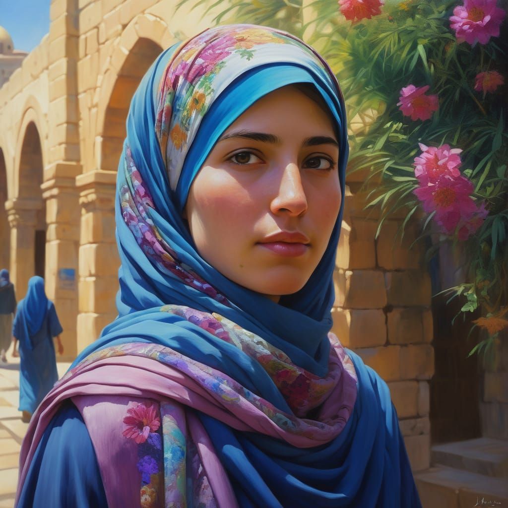 Beautiful Woman in Floral Hijab Oil Painting