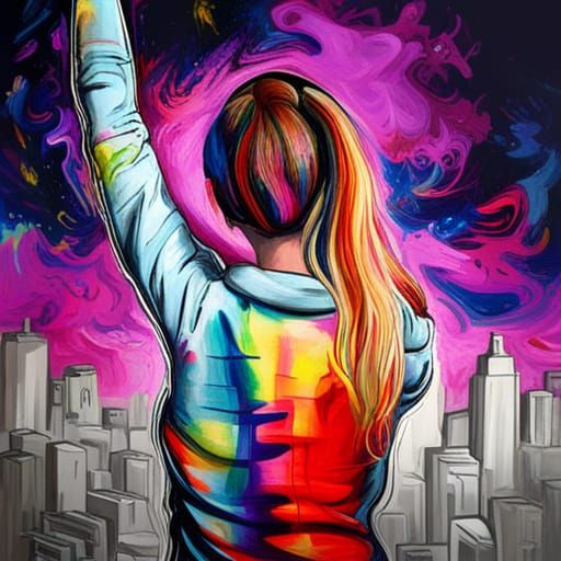 Girl on Empire State Building in Graffiti Art
