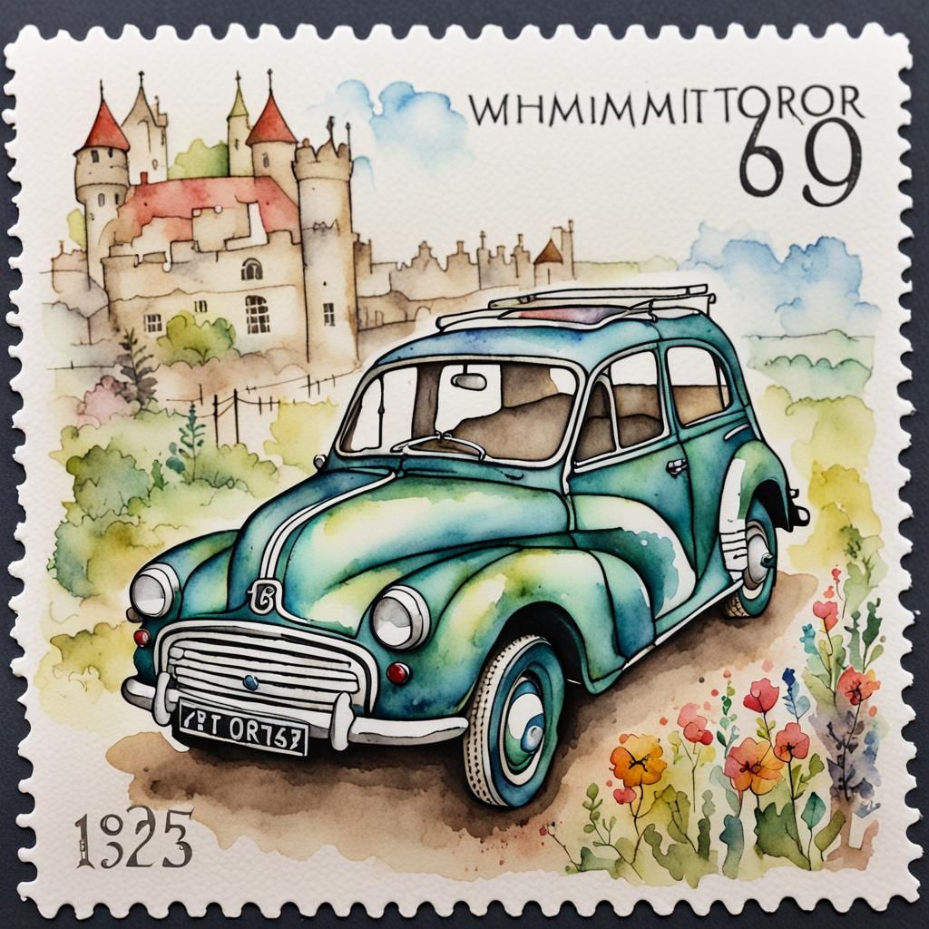 Morris Minor on a Whimsical Watercolour Stamp