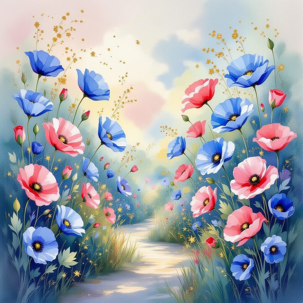 Mystical Garden Poppies in Watercolor and Pastel Style