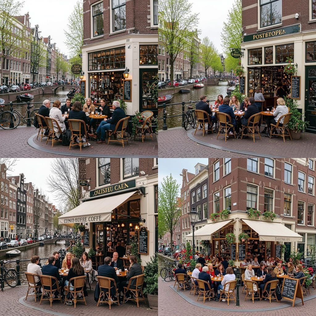 Charming Amsterdam Canal Cafe Bustling with Happy Patrons