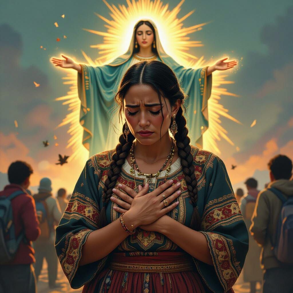 Heartfelt Portrait of Mexican Woman with Our Lady of Guadalu...