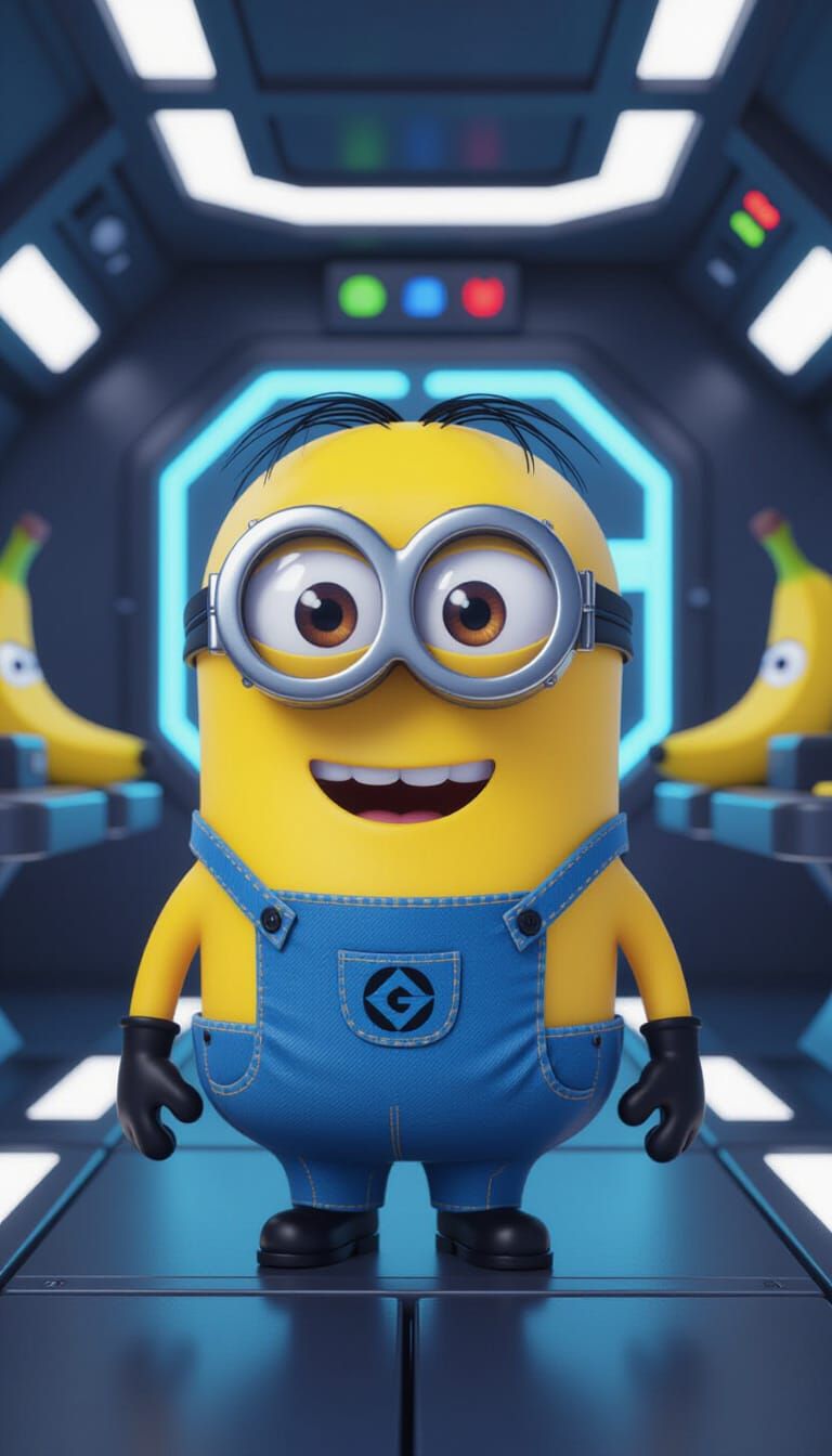 Minion-Style Among Us Crewmate in Cartoon Spaceship