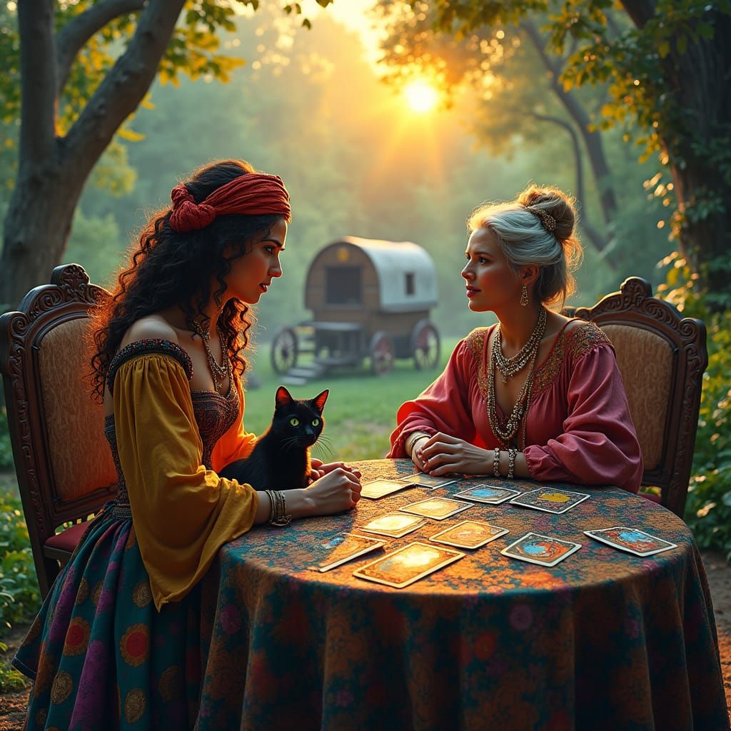 Mystical Gypsy Tarot Reader in Forest Setting