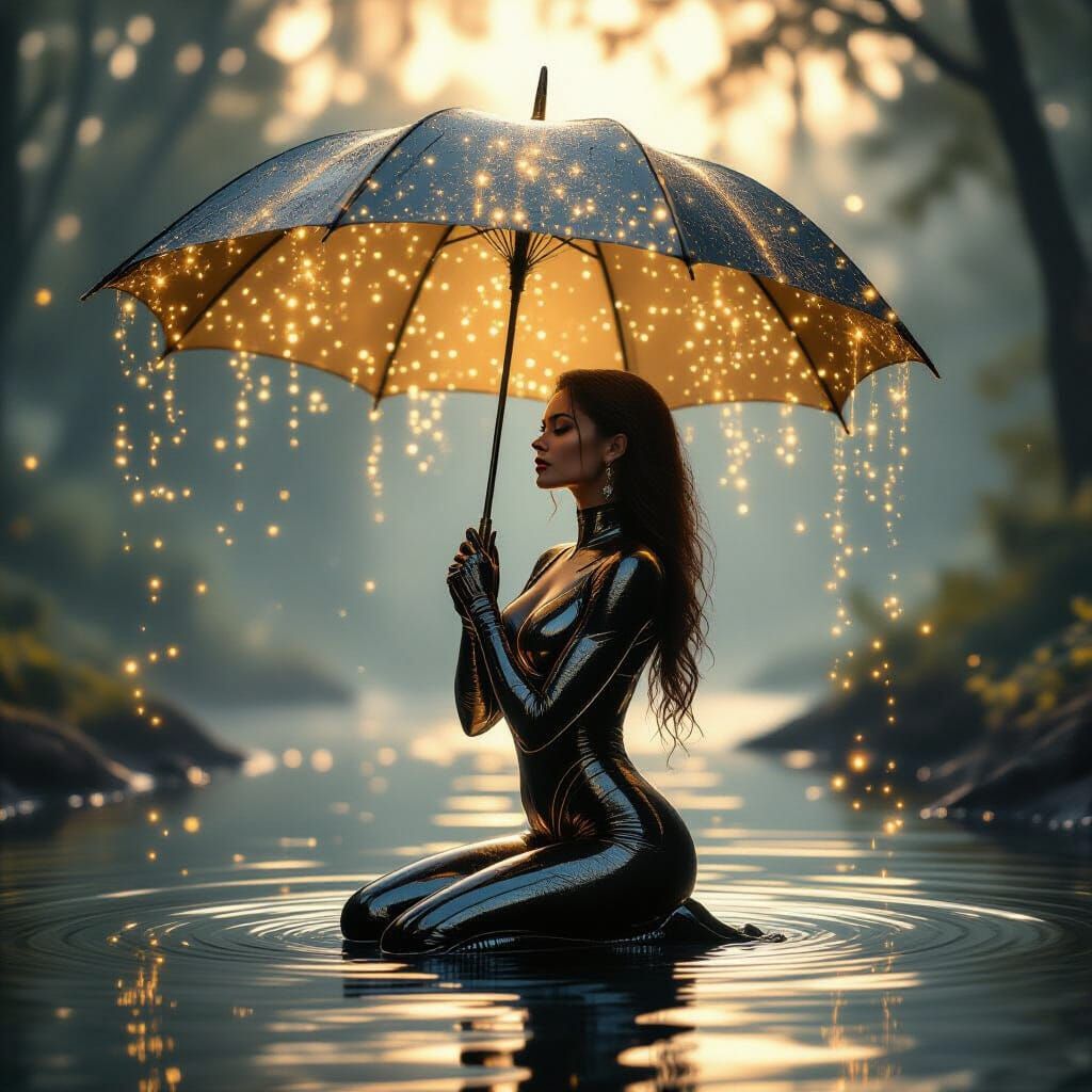 Ethereal Golden Rain: Sci-Fi Fantasy Scene