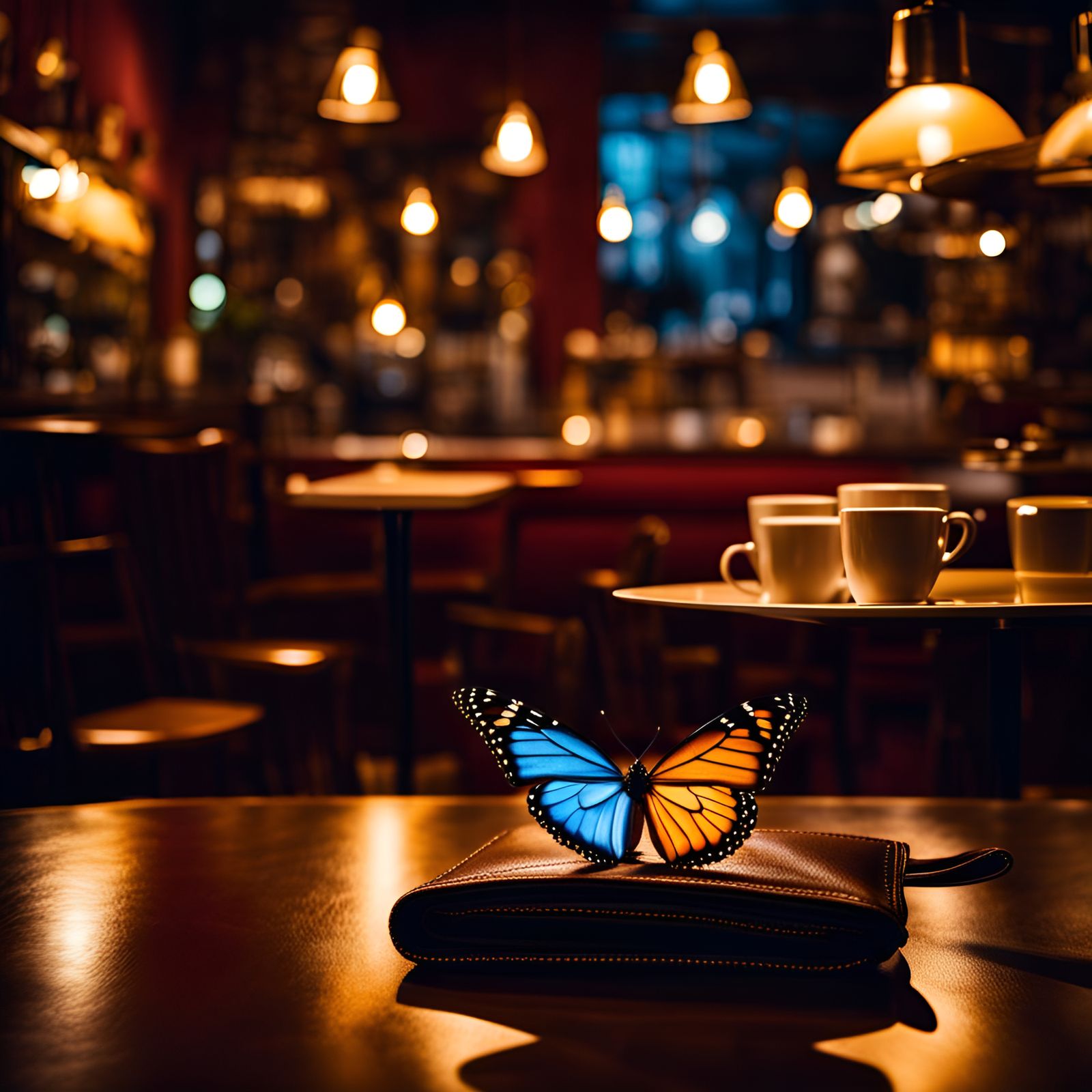 Butterflies Emerge from Wallet in Café: Cinematic Photo