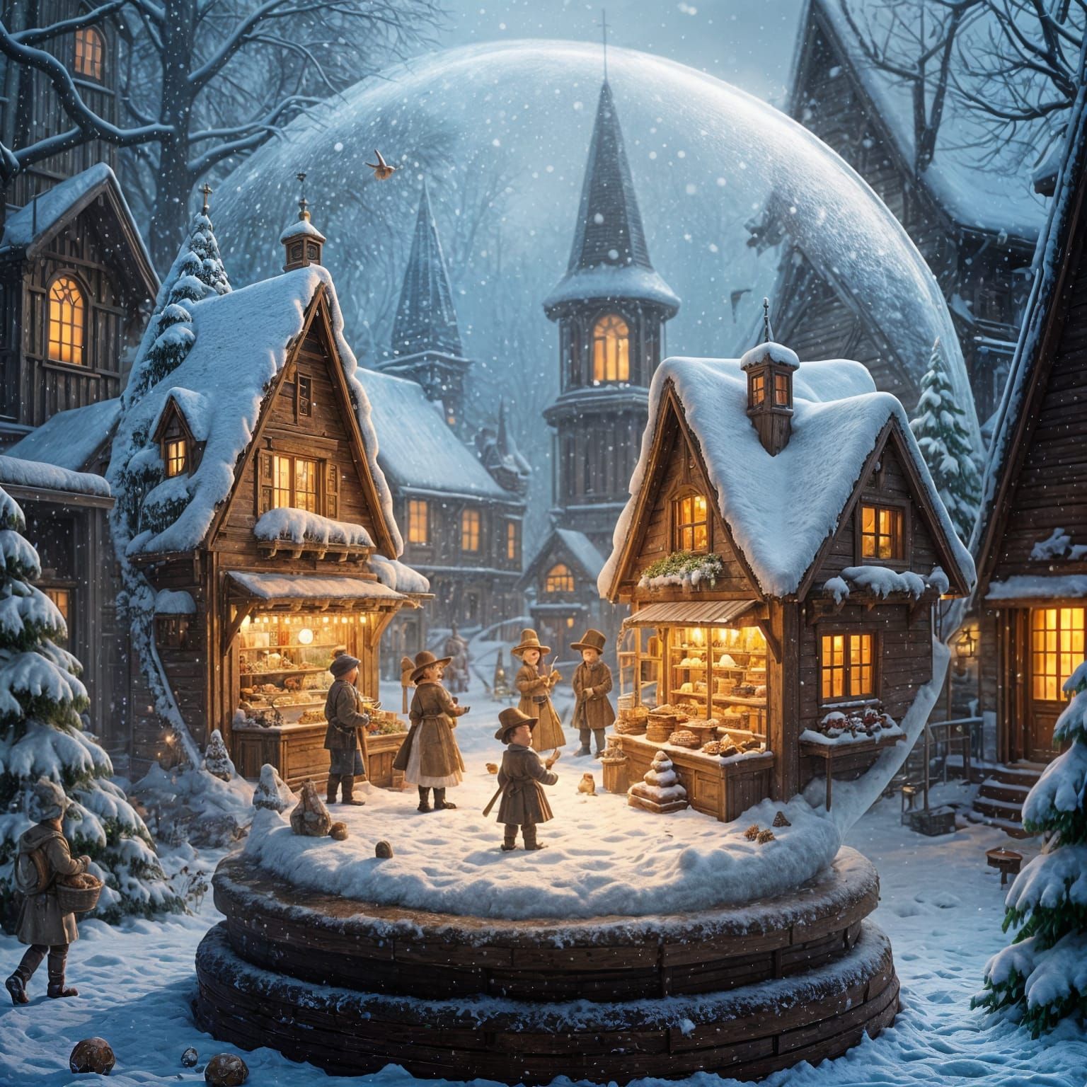 Vibrant 1800s Snow Globe Scene with Happy People and Intrica...