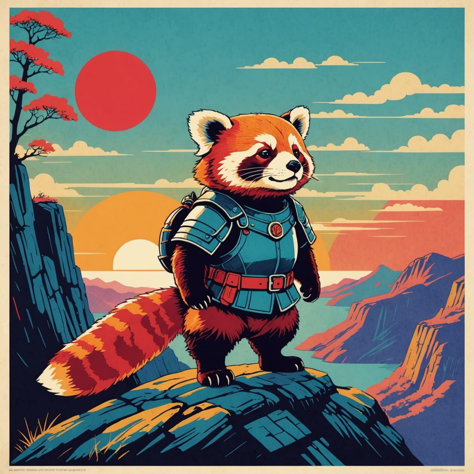 Red Panda Knight on Adventure: Retro Risograph Poster